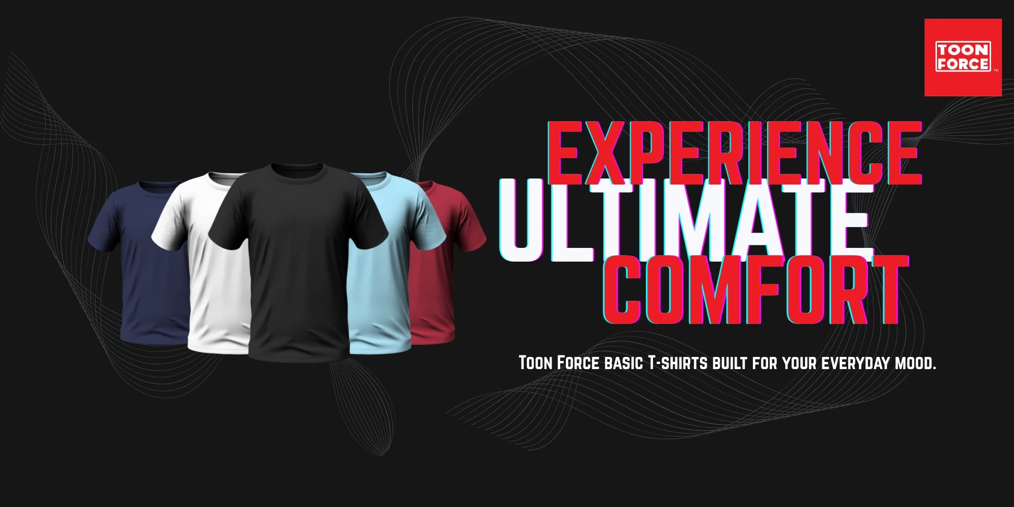 Collection of t-shirts in various colors with promotional text on a black background